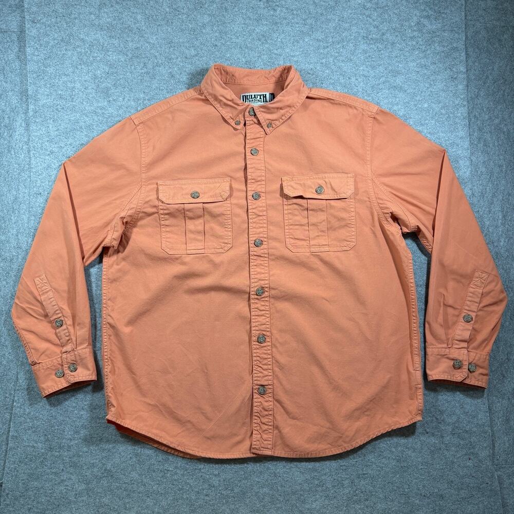 Duluth Trading Co Fireman Shirt Mens L Orange Button Up Workwear Utility Pockets